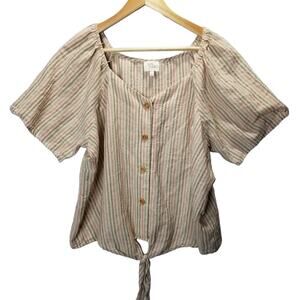 Ava James Top 1X Short Sleeve button front striped tie front